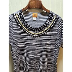 Ruby Rd Shirt Womens XL Black Striped Beaded Scoop Neck Short Sleeve Top